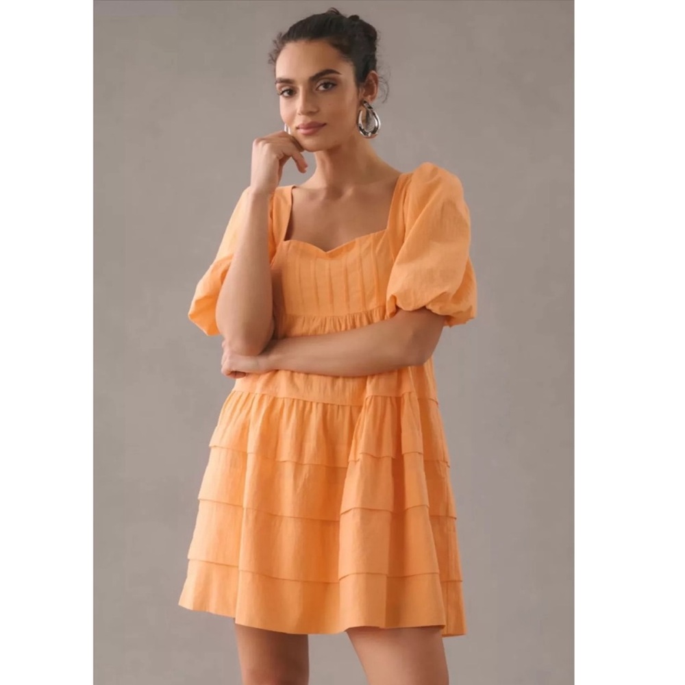 By Anthropologie Square-Neck Puff-Sleeve Tiered Dress Women’s Size XL Orange
